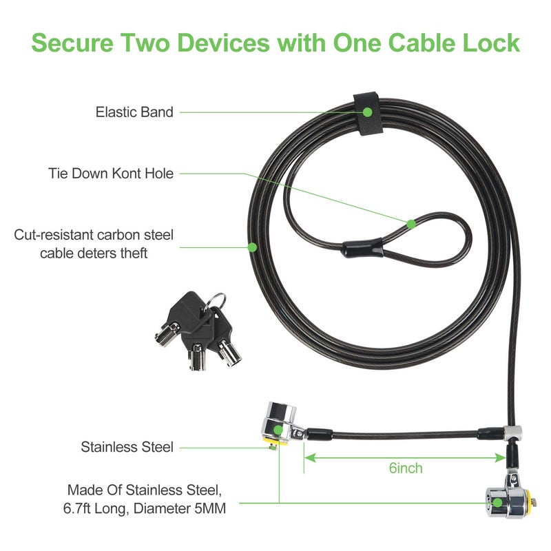 LORADAR Daul Head Twin Cable Lock Lock for Laptopsï¼ŒMonitor 3 Keys 6.7Foot Lock Two Devices at The Same Time - Image 2